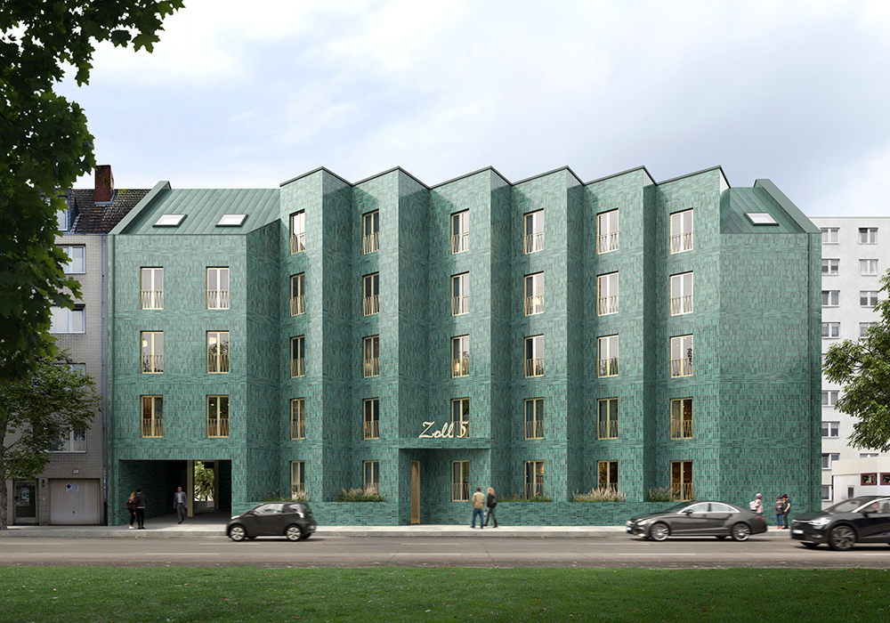 Student housing behind green mosaic